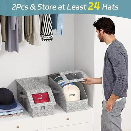Grey foldable fabric storage box with lid for organising shoes and caps.