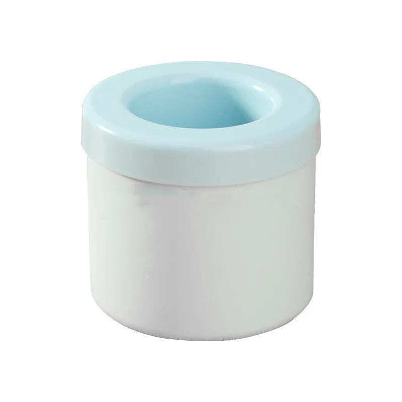 Blue-green silicone ice bucket mould with lid showing 9cm diameter and 8cm height dimensions