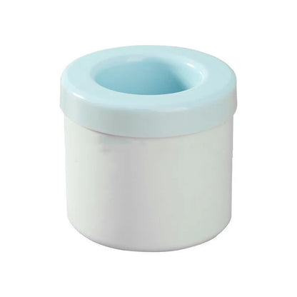 Blue-green silicone ice bucket mould with lid showing 9cm diameter and 8cm height dimensions
