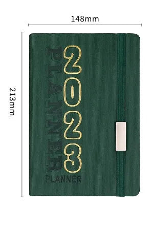 Creative student almanac calendar with imitation leather cover open to show weekly layout