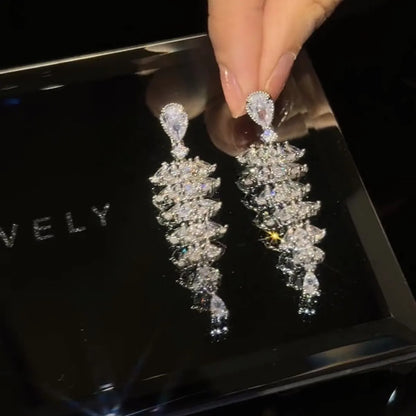 Silver pagoda Christmas tree drop earrings with zircon crystals for women