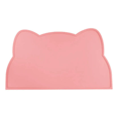 Solid-colour silicone pet feeding mat with cat head design measuring 44 by 24 centimetres