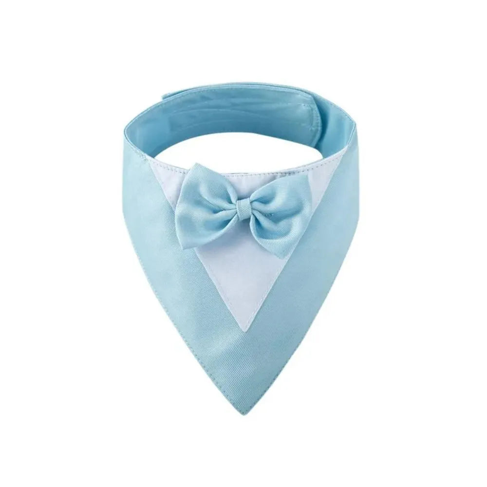 Triangular pet bib with bow detail in assorted colours, shown on a dog as a scarf and drool towel.