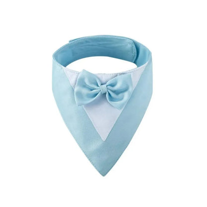 Triangular pet bib with bow detail in assorted colours, shown on a dog as a scarf and drool towel.