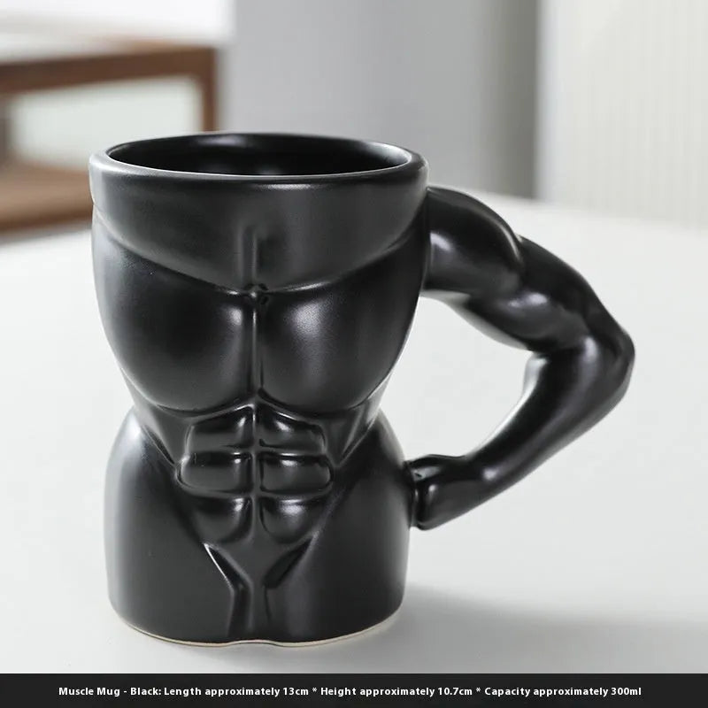 Men's ceramic mug with embossed muscular arm design in matte black finish, 300ml capacity