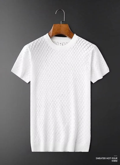 Men's ice silk t-shirt in black or white with V-neck or round neck options