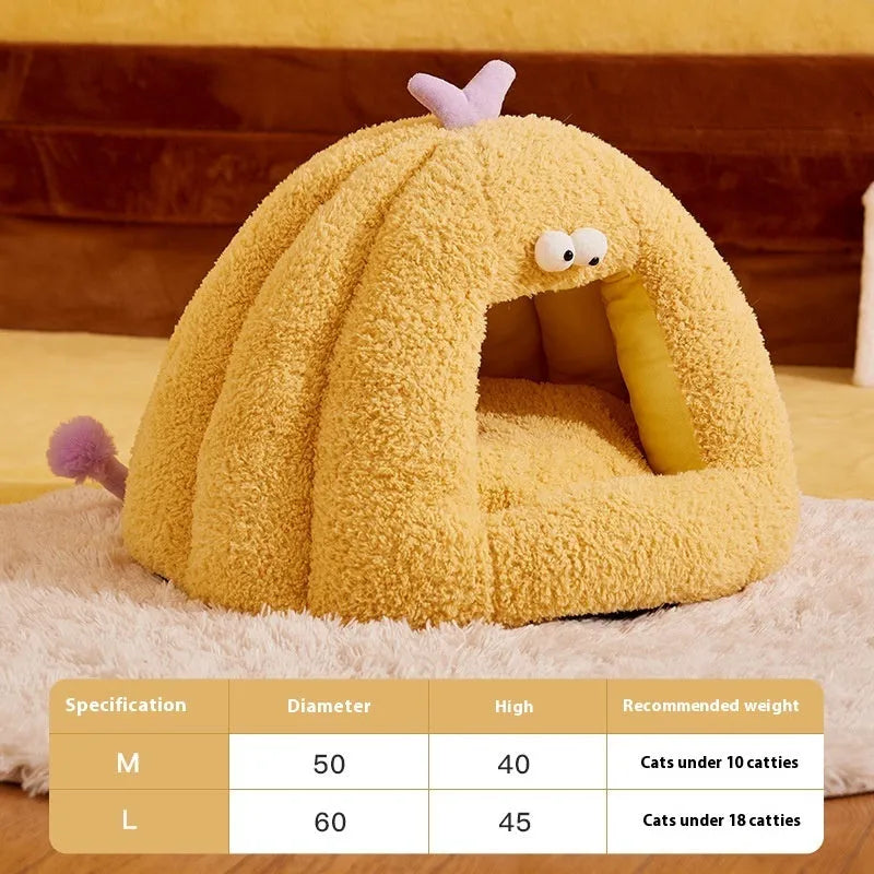 Monster-shaped semi-enclosed cat kennel in PP cotton bubble velvet available in three colours