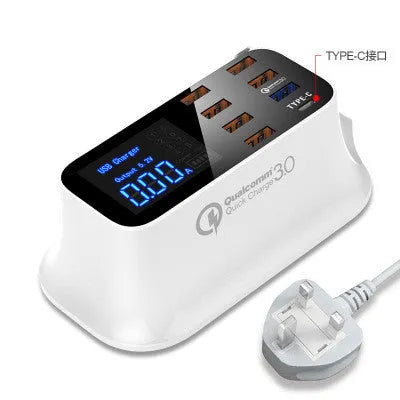 Ceramic white smart USB charger with digital display and multiple ports including QC3.0 fast charging