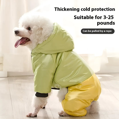 Green waterproof four-legged dog coat on pet showing full coverage design
