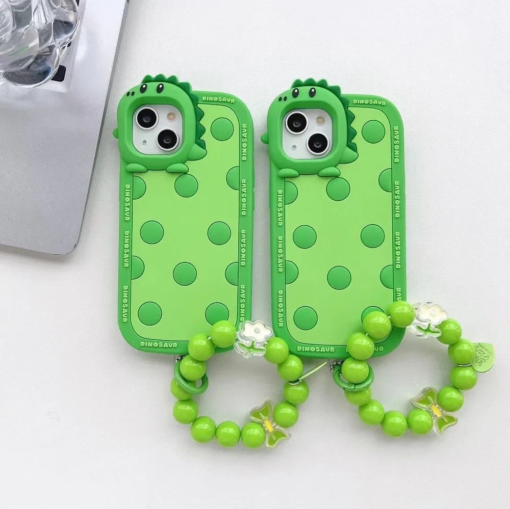 Green polka dot dinosaur pattern silicone phone case for iPhone with raised protective edges