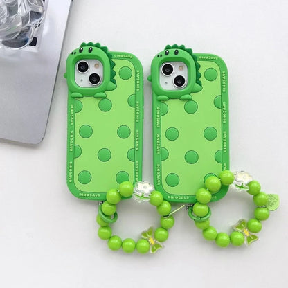 Green polka dot dinosaur pattern silicone phone case for iPhone with raised protective edges