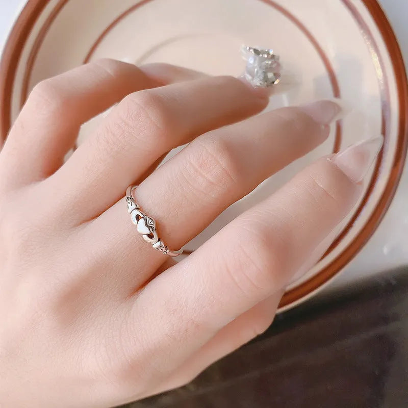 Women's copper open ring in heart shape with retro silver finish