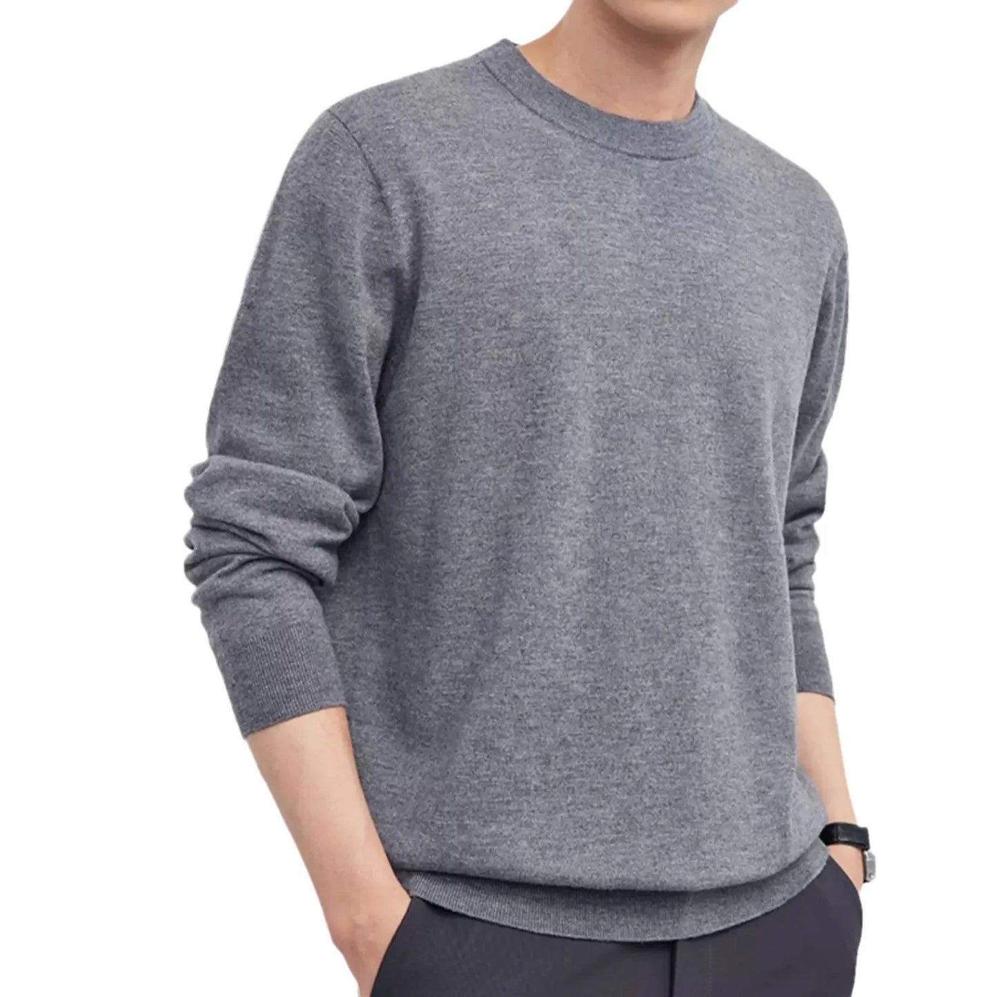 Men's V-neck wool pullover sweater in light grey shown on a model.