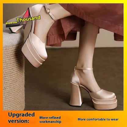 Women's white waterproof platform high heels with chunky heel and round toe design