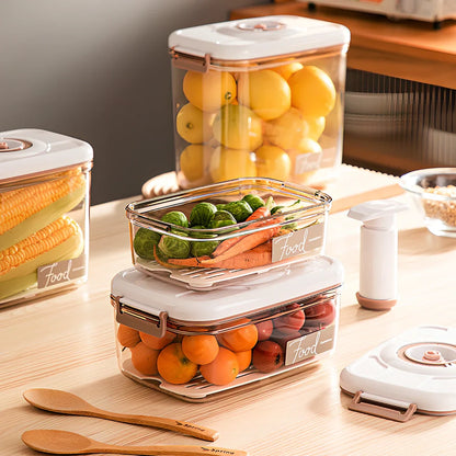 Transparent vacuum food storage box with manual pump and removable drainage net for extended freshness