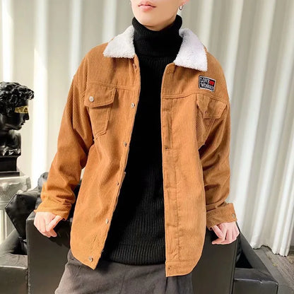 Men's loose fit corduroy workwear jacket in khaki, green, or black with stick pockets and regular sleeves