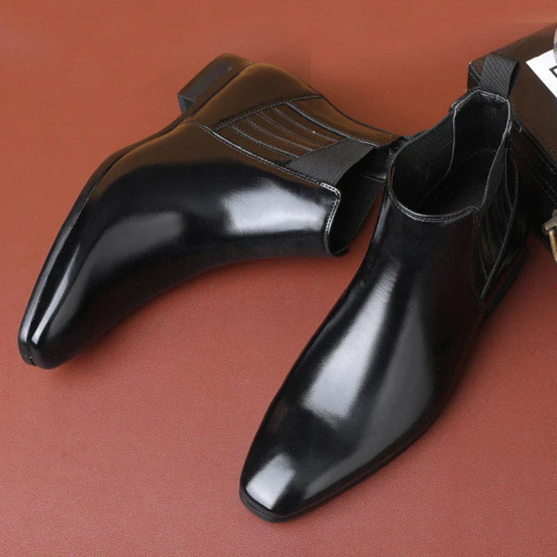 Sleek and sophisticated men's Chelsea boots with pointed toe and square heel design in black and brown colors