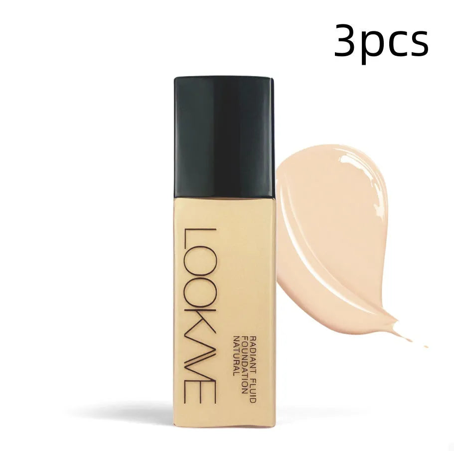 LOOKAVE Matte Liquid Foundation bottle showing 21c quantity with six colour shade options for waterproof coverage
