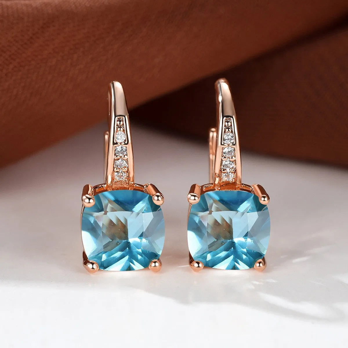 Square zircon inlaid geometric ear hooks in Korean style with electroplated finish