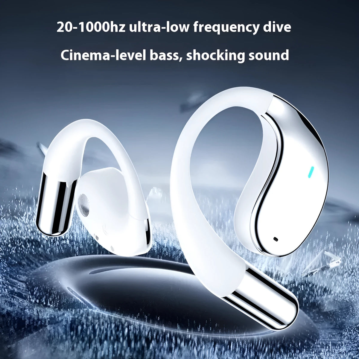 Beige and black sports Bluetooth earphones with a hanging ear design, shown with a digital display.