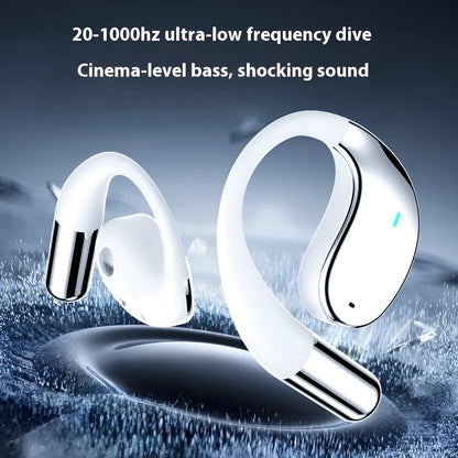 Beige and black sports Bluetooth earphones with a hanging ear design, shown with a digital display.