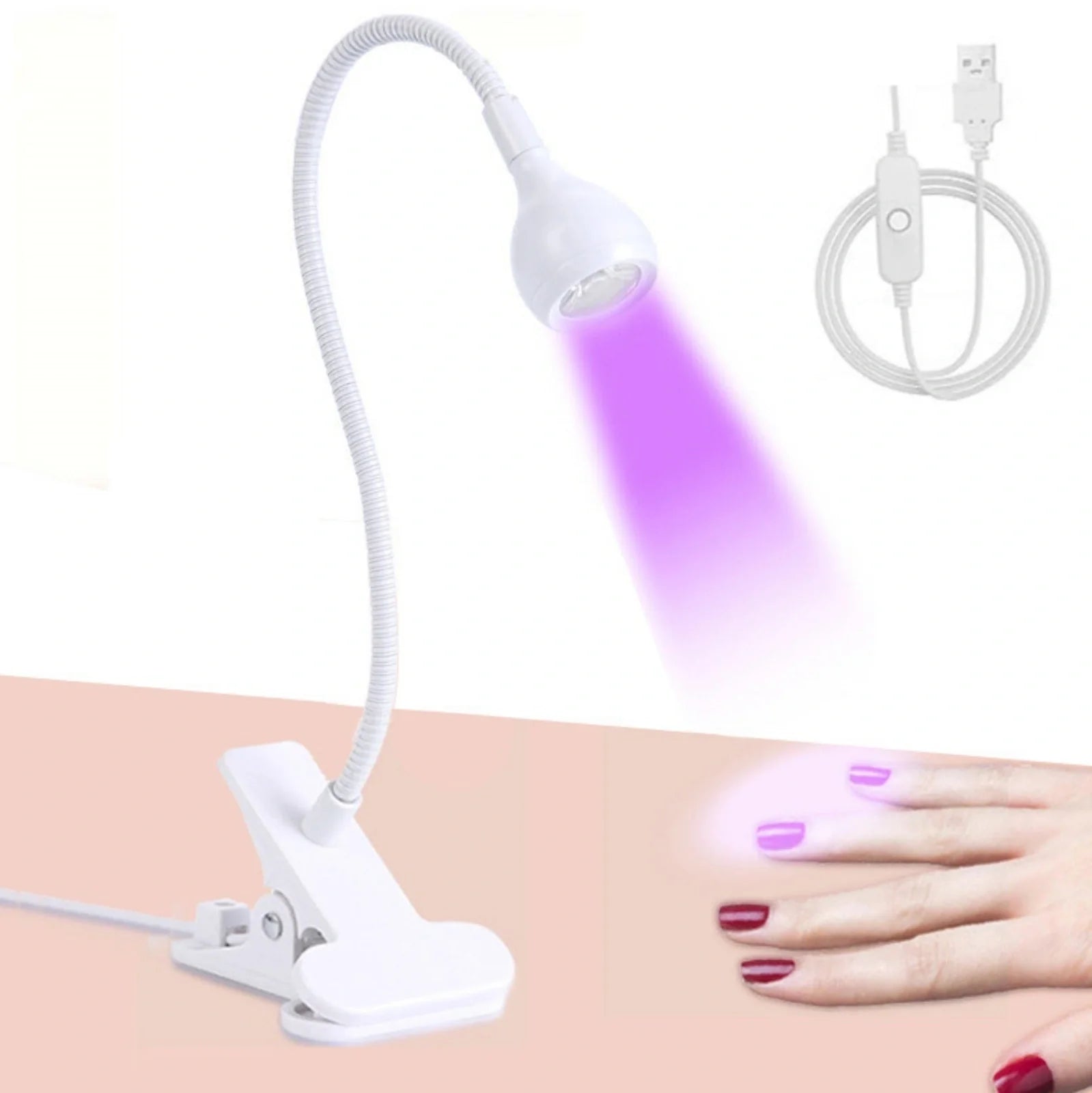 Black gooseneck UV nail lamp with clip attachment, adjustable tube, and straight light body for curing manicures