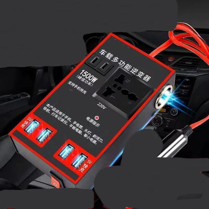 Black automotive power converter with 220v socket and 4 USB charging ports