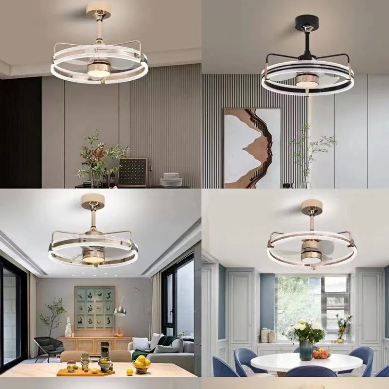 Fan lamp with remote control for living room or bedroom featuring three colour light settings and a 60cm diameter, available in black or gold with modern minimalist styling and ABS blades plus acrylic shade