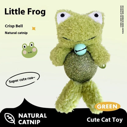 Brown bear plush cat toy with a 4cm mint ball inside, next to a measuring tape showing 15cm height.