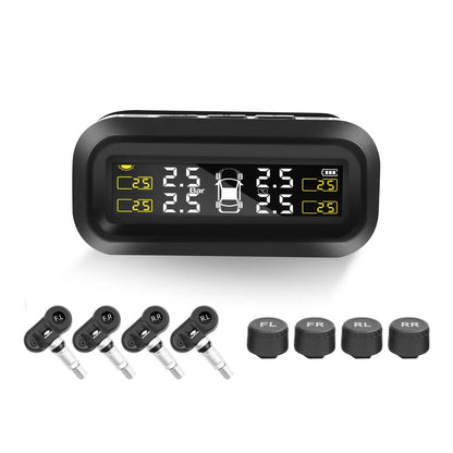 Solar wireless car tyre pressure monitoring system with colour screen display and four external sensors.