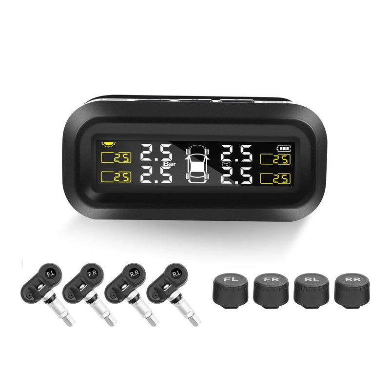 Car Tyre Pressure Monitoring System Solar Wireless TPMS Colour Screen with External Sensors General Vehicle Fit 4 Sensor Kit with Anti-Theft Nuts and Multi-Language Display Options