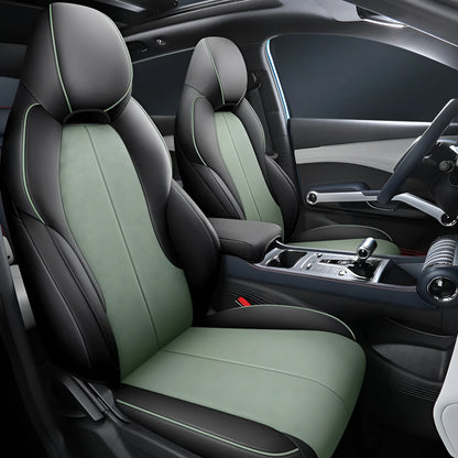 BYD Yuan PLUS car seat with fitted all-inclusive cushion cover in Adventure Green colour.