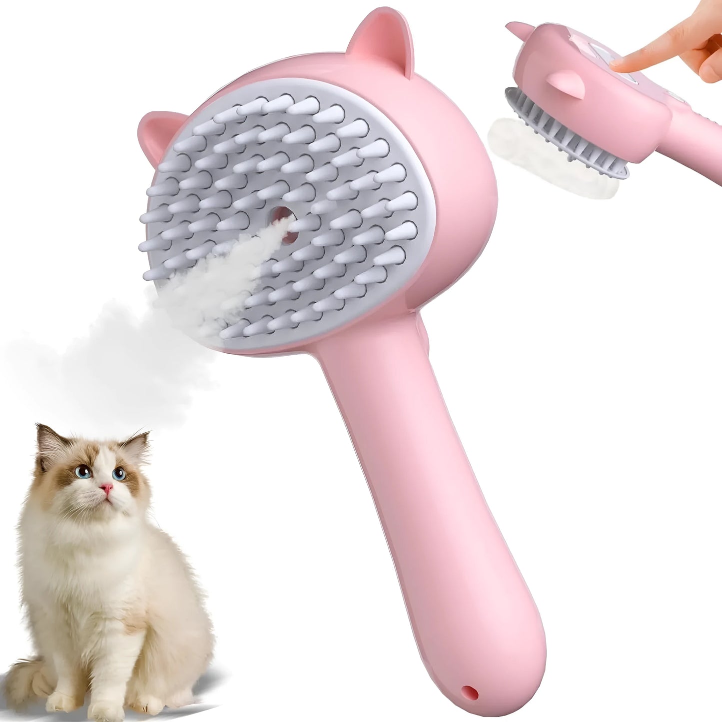 Cat ear-shaped steam brush with blue handle, rubber bristles, and release button for pet grooming