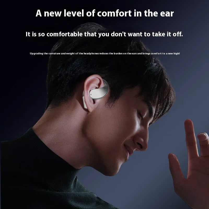 Portable sports hanging ear Bluetooth earphones with a 10-metre transmission range, offering over 8 hours of battery life, noise reduction, voice control, and e-sports low latency, available in beige or black with a creative design.