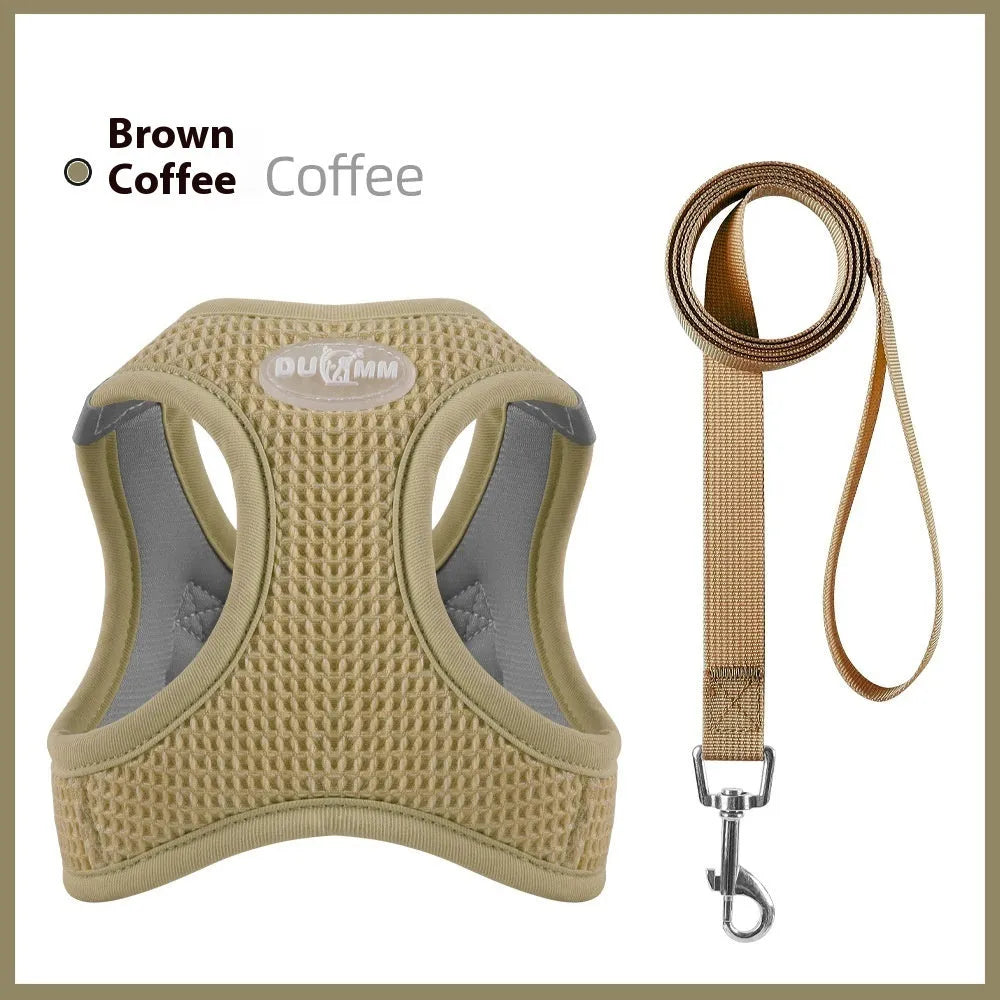 Brown waffle-weave cat chest harness with adjustable straps shown on model