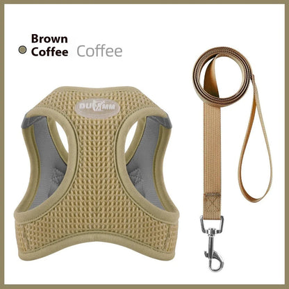 Brown waffle-weave cat chest harness with adjustable straps shown on model