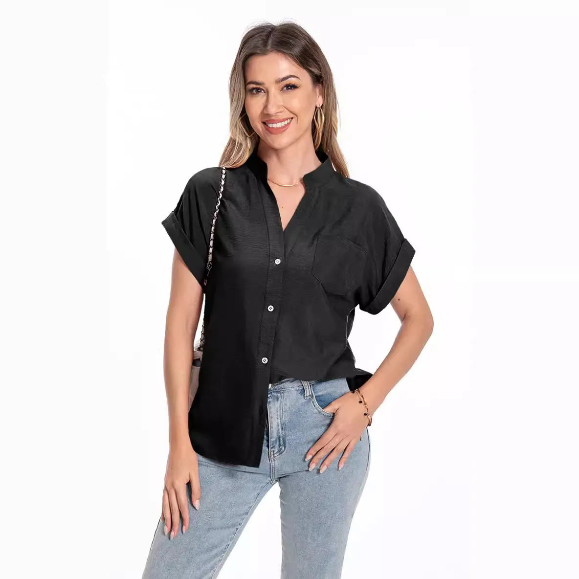 Women's loose-fit button-collar summer top in Army Green with short raglan sleeves.