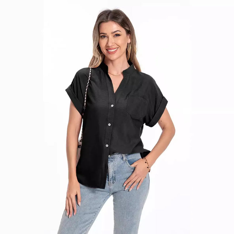 Women's summer top with stand collar button fastening, short sleeves, and medium length in loose-fit polyester fabric for elegant commute wear, available in Army Green, Beige, Black, Lake Blue, or Wine Red.