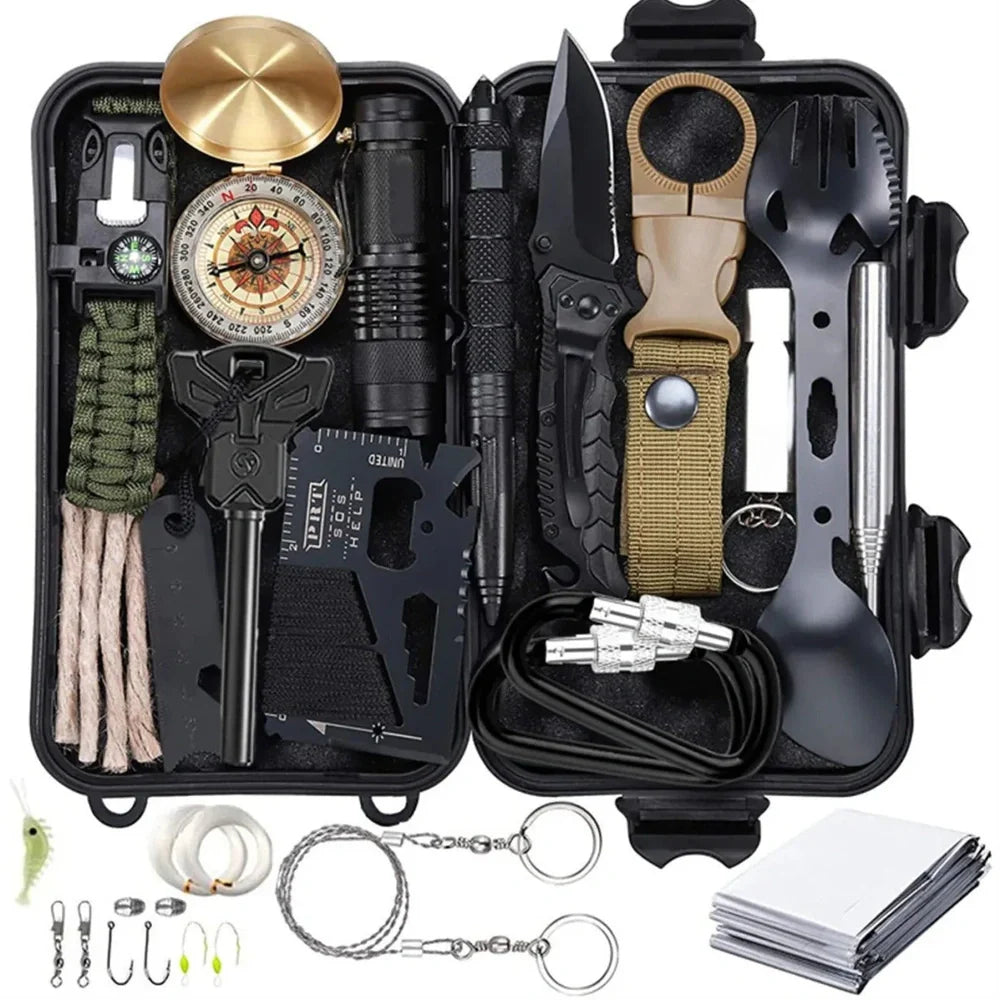 Outdoor survival kit with alloy tools and plastic components in multiple colour options