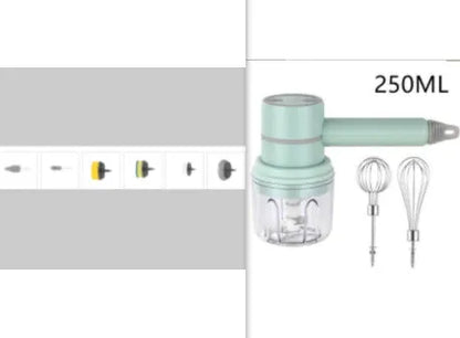 Green rechargeable electric hand mixer with whisk and beater attachments on a kitchen counter