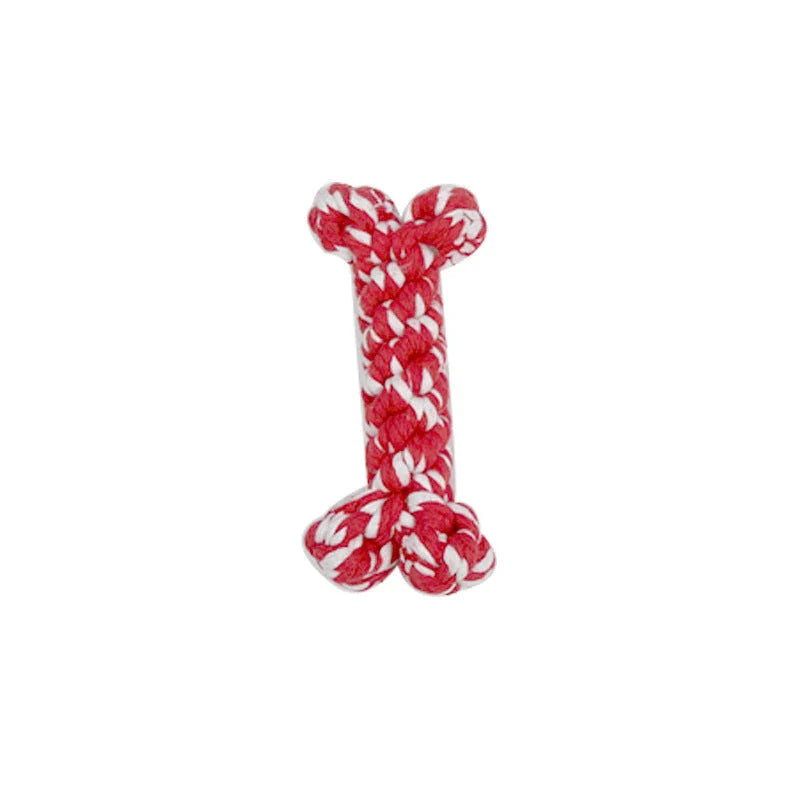 Premium cotton rope chew toys in various shapes and colors, including bones, hearts, and chicken thighs, designed for small dogs and puppies