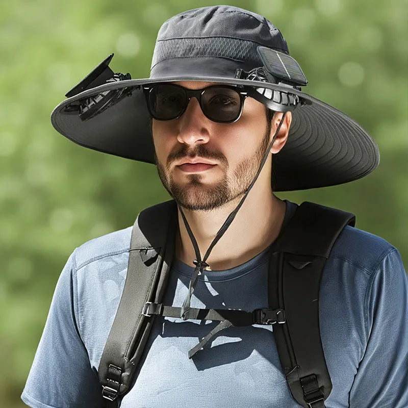 Solar-powered fan hat for men with a wide brim and adjustable chin strap, shown in a neutral colour.