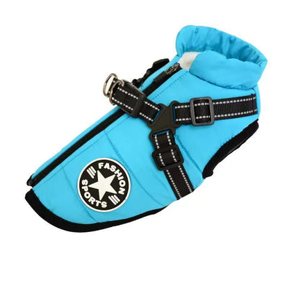 Red waterproof dog coat with built-in harness on a large dog, showing warm lining and sizing for winter.