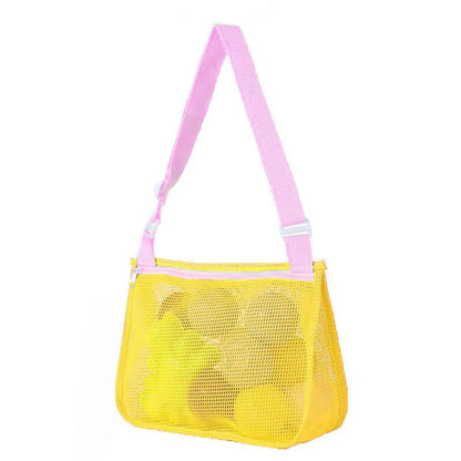 Blue children's drawstring travel storage bag made of nylon mesh for organising toys and clothes.