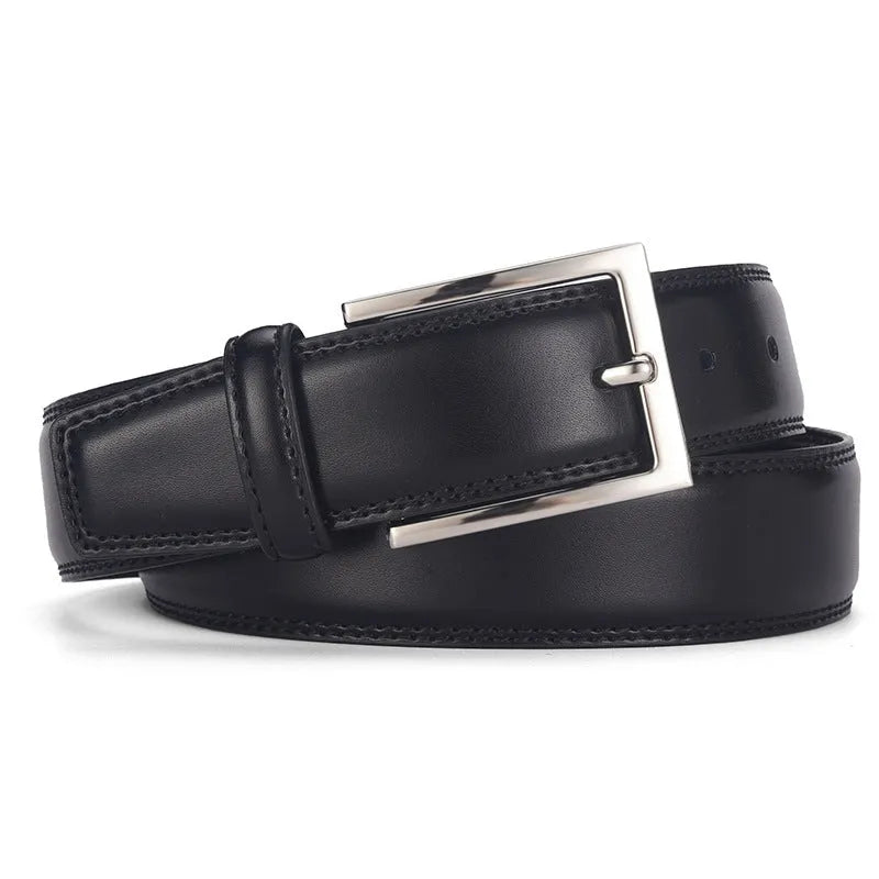 Men's genuine leather belt with pin buckle in black and brown colour options showing length measurements