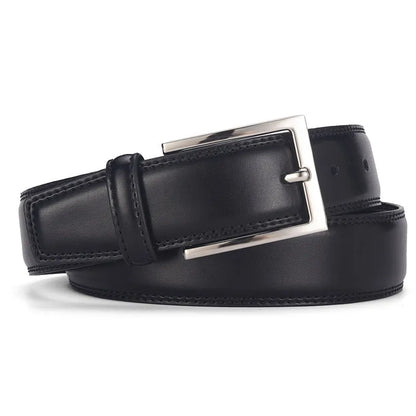Men's genuine leather belt with pin buckle in black and brown colour options showing length measurements