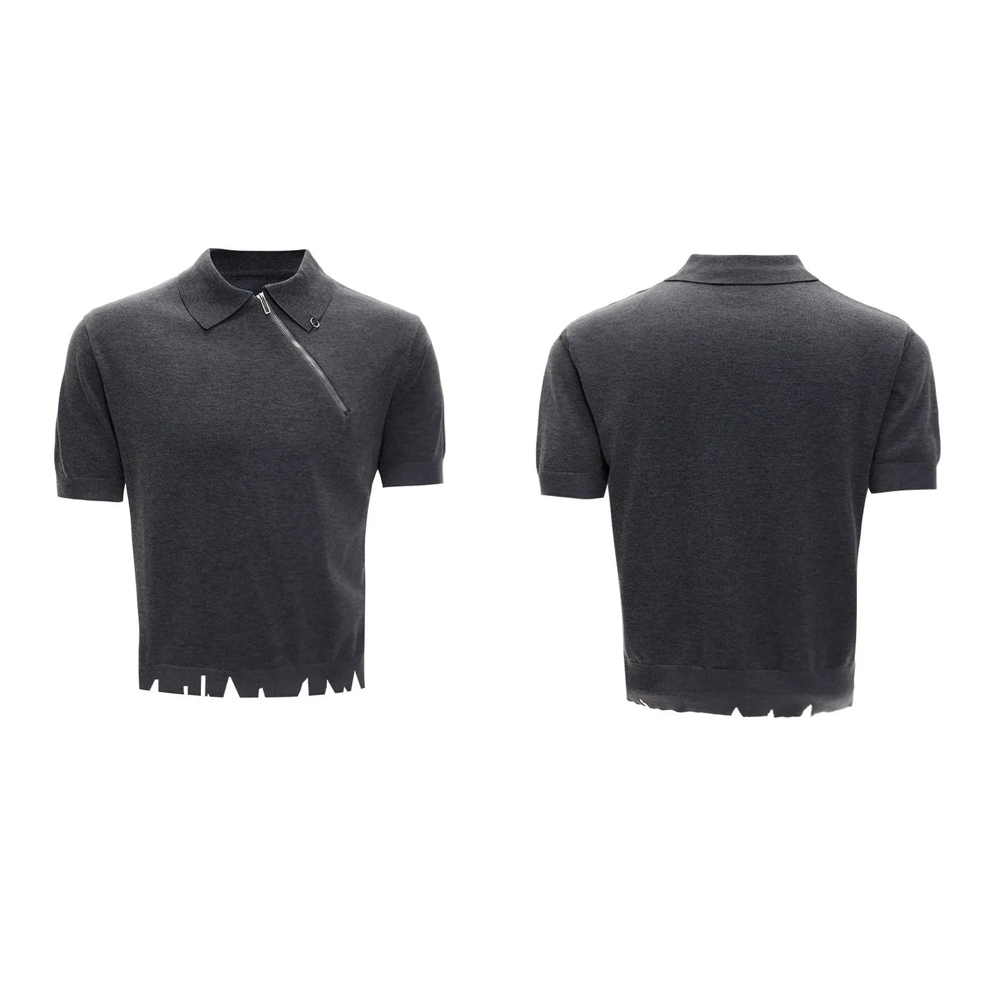 Man wearing a slim-fit black polo shirt with an oblique diagonal zipper and short sleeves.