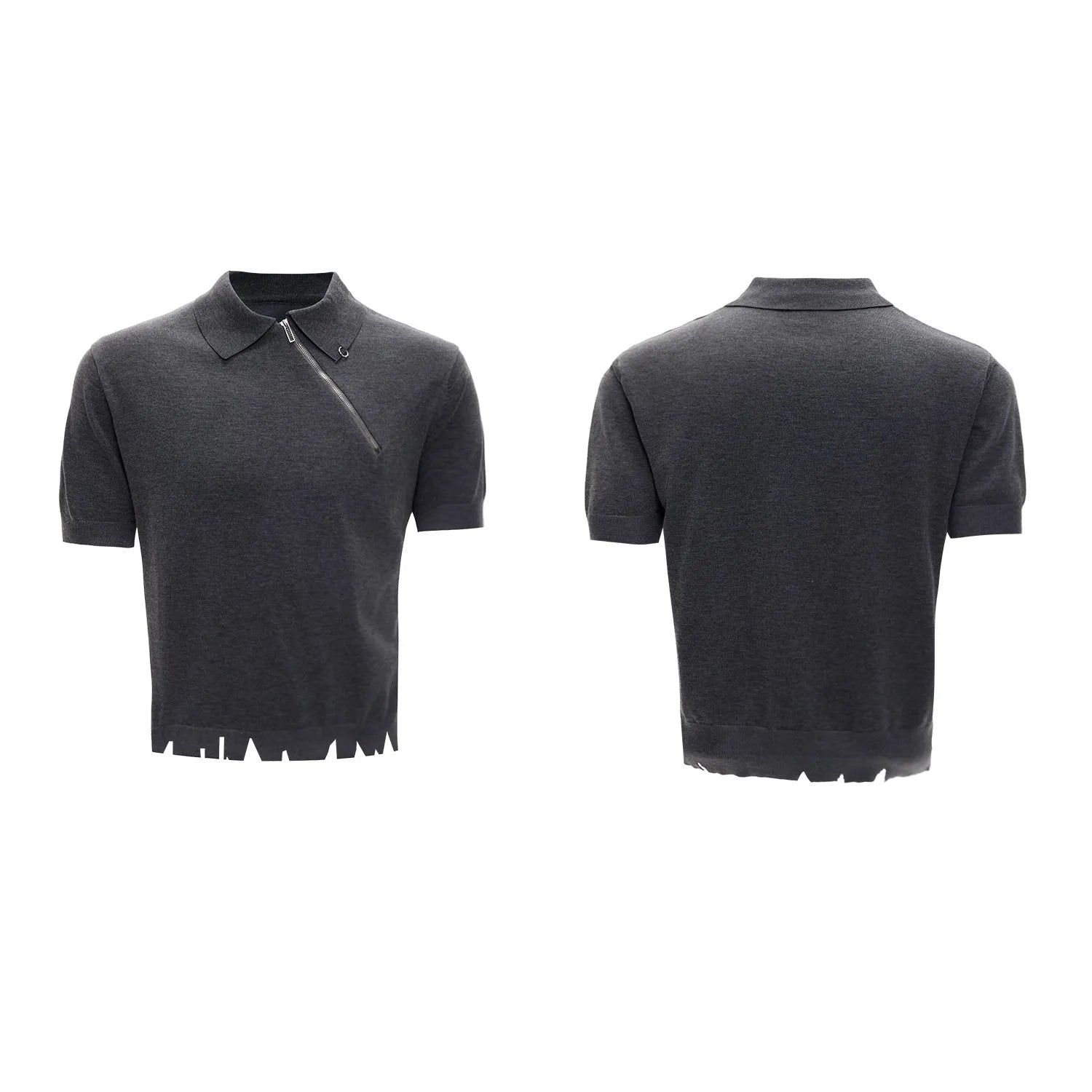 Man wearing a slim-fit black polo shirt with an oblique diagonal zipper and short sleeves.