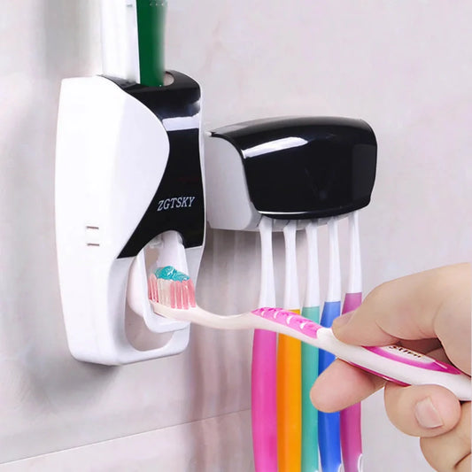 Dust proof automatic toothpaste squeezer and toothbrush holder set in black, blue, or red