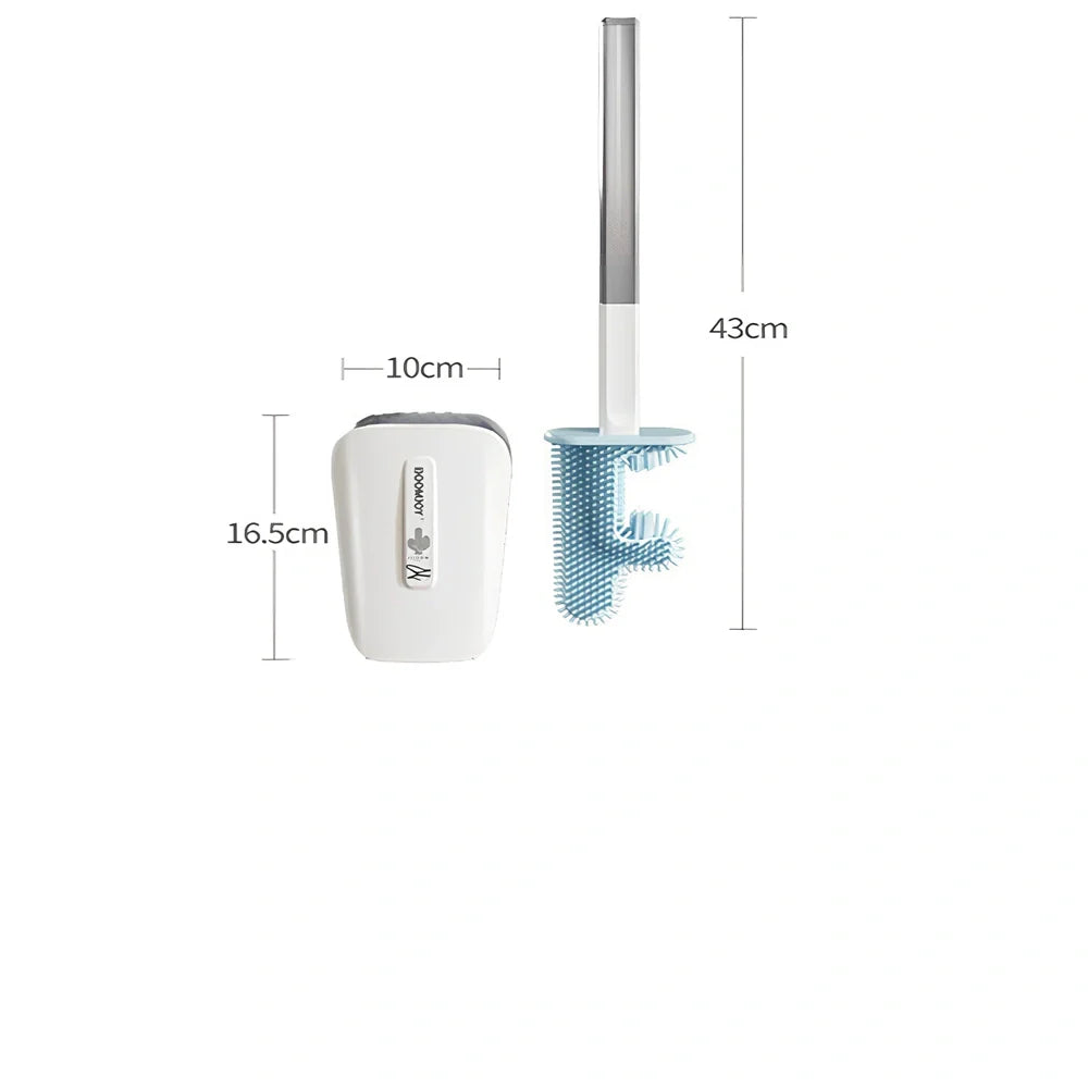 Wall-mounted toilet brush with blue antibacterial TPR head in plastic bucket